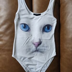 Forever 21 White Cat Face Tank Bodysuit with Blue Eyes